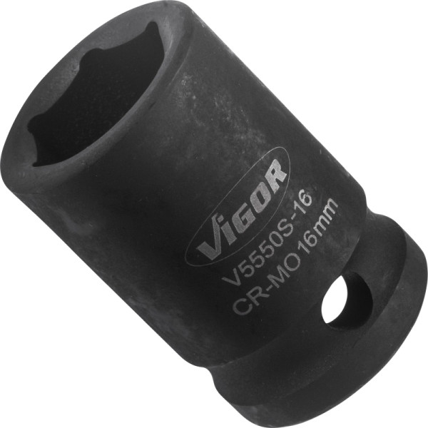 VIGOR slagmoersleuteldop, kort, hol vierkant 12,5 mm (1/2 inch), buitenzeskantprofiel, 16 mm, V5550S-16