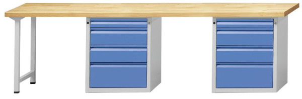 ANKE combinatie werkbank 2 werkstations; 2800x700mm; RAL7035 / 5012; In het midden en rechts 1 plintkast, 4 laden, model 907 E