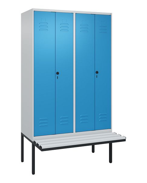 C+P Umkleidespind Classic PLUS SW, 4 Abteile, 2120x1200x815mm, 7035/5012, Drehriegel, Untergestell & Sitzfläche, 0800427-40 S10034