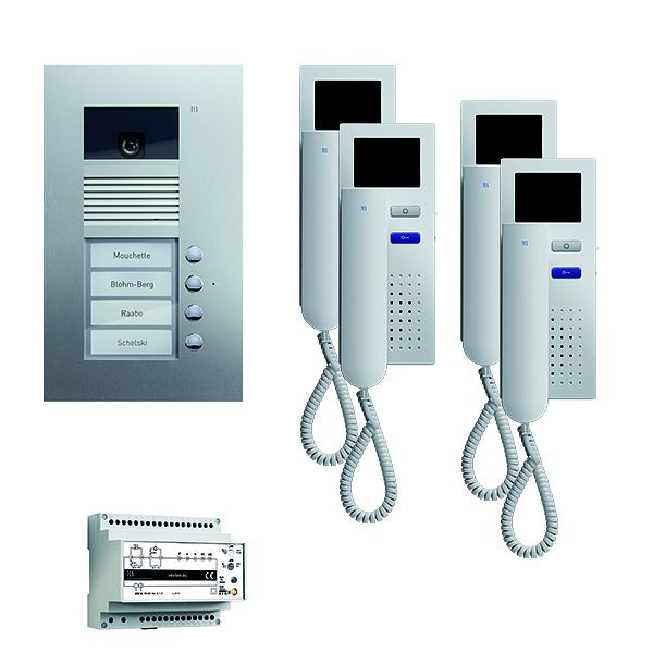 TCS deurbediening video: pack UP voor 4 wooneenheden, met voordeurstation AVU 4 belknoppen, 4x videodeurtelefoon IVH3222, bediening, PVU1640-0010