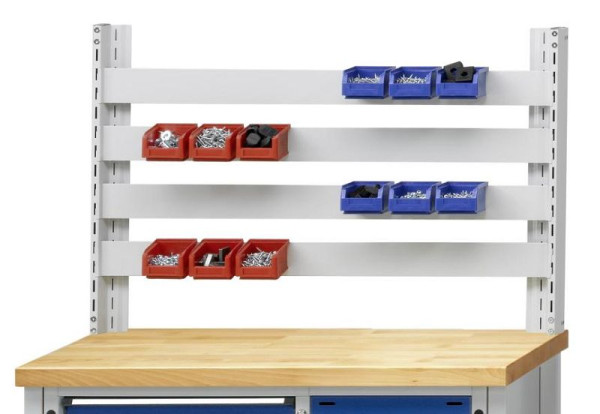 ANKE montagewerkbank "Versie F"; 1250 x 800 mm (BxH); RAL 7035/5010; Hoogte boven werkblad = 800; 4 x houderrails, 340.305
