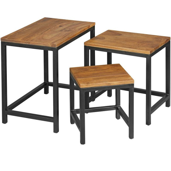 Wohnling set van 3 design bijzettafels AKOLA Sheesham, metalen poten, 3-delige materiaalmix, gemaakt van massief hout, WL5.212