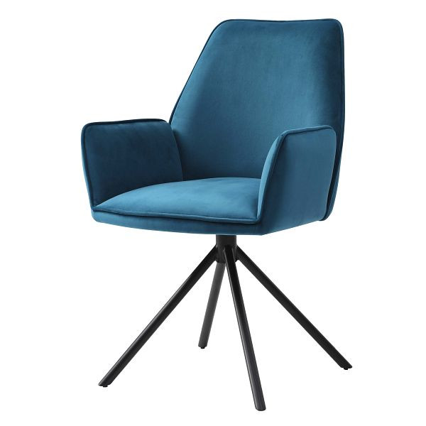 Mendler eetkamerstoel HWC-G67, keukenstoel met armleuningen, draaibare auto-position, fluweel, turkooisblauw, zwarte poten, 75731