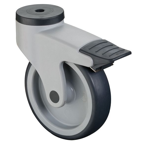 BS rollen Kunststof rol met rem, breedte 32 mm, Ø125 mm, tot 100 kg, grijs rubberen loopvlak, kunststof wiellichaam, glijlager, C121.A81.125