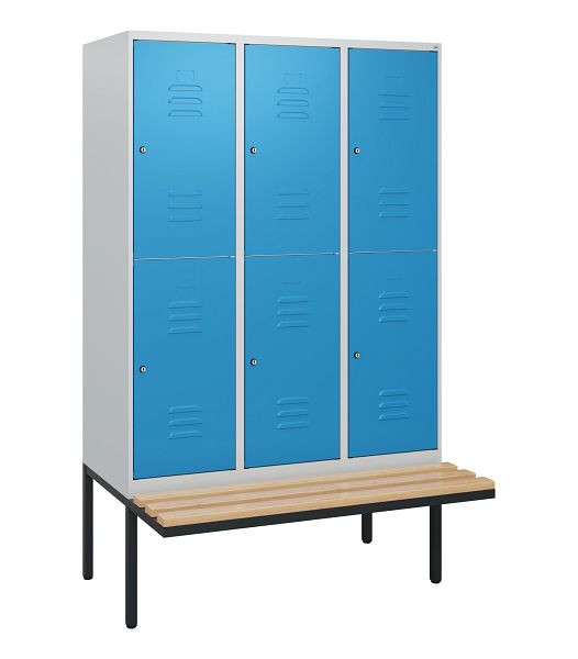 C+P dubbeldekskast Classic PLUS, 3 compartimenten, 1950x1200x815mm, 7035/5012, cilindersloten, beukenhouten zitlatten, zitting, 0803405-32 S10034