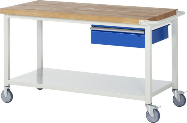 RAU verrijdbare werkbank 8000 - model 8001, B1500xD700xH880-1080mm, systeemonderstel B1495 x D650 mm, 1 lade & plaatstalen legbord, 05-8001A6-157B4H.11