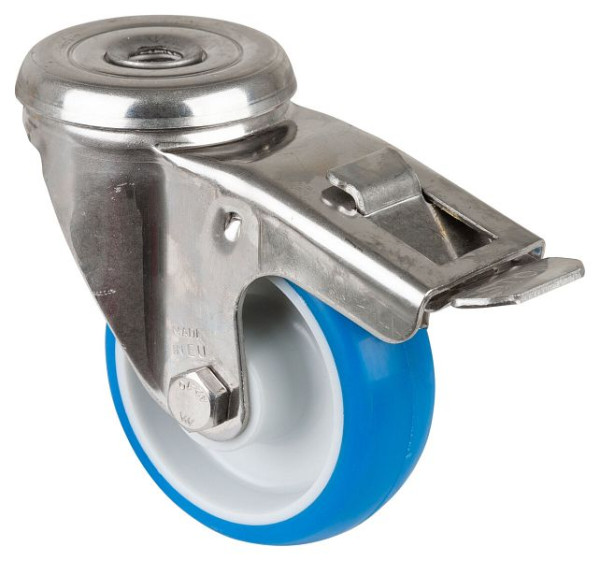 BS rollen RVS transportrol met rem, B28 mm, Ø80 mm, tot 70 kg, blauw polyurethaan oppervlak, kunststof behuizing, glijlager, H121.B32.080