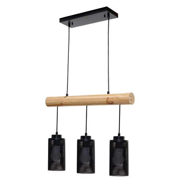 Mendler hanglamp HWC-H83, hanglamp hanglamp, industrieel vintage massief hout metaal zwart, 3 buisvormige lampenkappen, 74210