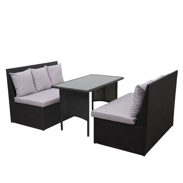 Mendler poly rotan set HWC-G16, tuin/loungeset zitgroep, gastronomy 2x2 banktafel, zwart, lichtgrijze kussens, 70862