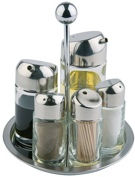 APS-cruet, 6-delig, Ø16 cm, hoogte: 20cm, RVS, peper- en zoutglazen shakers, azijn- en olieglascontainers, 40485