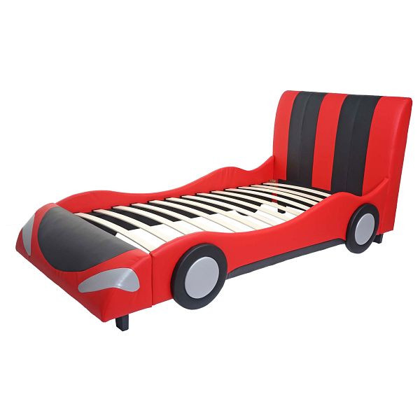 Mendler bed HWC-E14, auto jongensledikant jeugdbed, lattenbodem kunstleer hout 190x100cm, zwart-rood, 65052+65053+65054