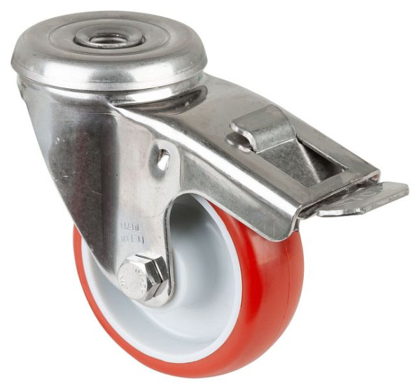 BS rollen RVS transportrol met rem, B28 mm, Ø80 mm, tot 100 kg, rood polyurethaan oppervlak, kunststof behuizing, glijlager, H121.B26.080