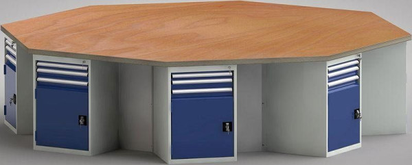 KLW standaard werkbank in achthoekige vorm met beuken multiplex blad in achthoekige vorm 3259 x 3259 x 40 mm L x B x S, WS670N-1350M40-E8010