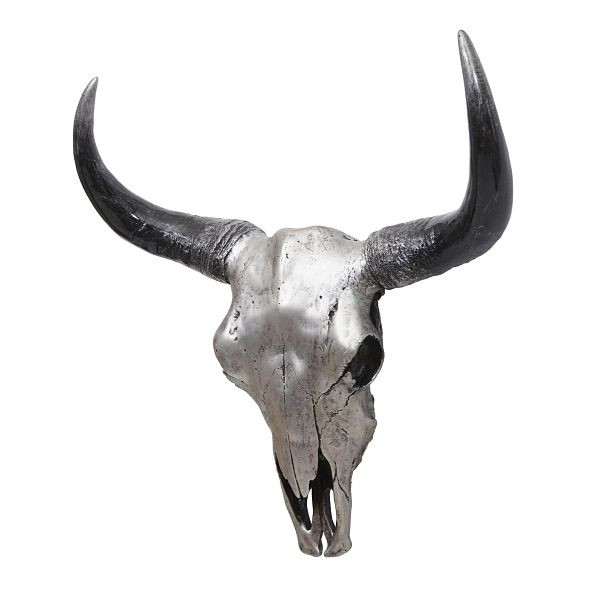 Mendler decoratieve schedel 45cm HWC-T454, polyresin stier longhorn kop trofee, binnen/buiten, zilverkleurig, 73413