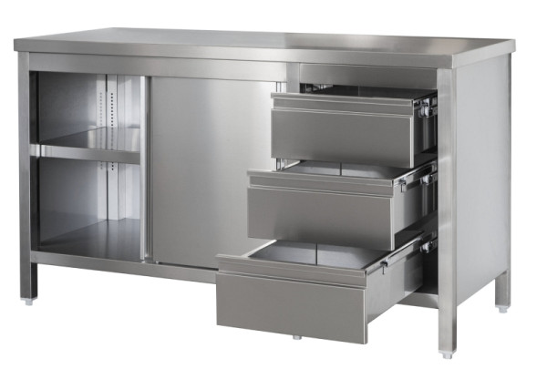 A&S Gastro RVS werkkast met ladeblok rechts, deuren en tussenplank, diepte 700mm, AISI 304, 900 x 700 x 850 mm, ARSSBR097