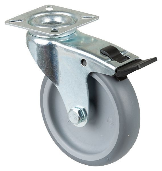BS rollen apparaatrol, plaat, rem, breedte 24 mm, Ø100 mm, 70 kg, grijs rubberen loopvlak, glijlager, VE = 4 stuks, A320.A80.100