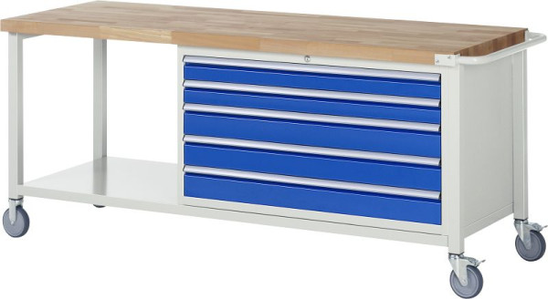 RAU verrijdbare werkbank 8000 - model 8371, B2000 x D700 x H880-1080 mm, onderbouwbak rechts, 5x laden: 2xH90, 3xH120 mm, 05-8371A6-207B4H.11