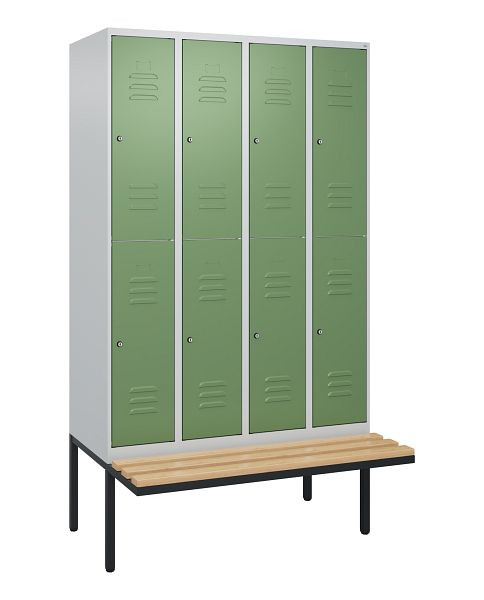 C+P dubbeldekskast Classic PLUS, 4 vakken, 2120x1200x815mm, 7035/6011, cilindersloten, beukenhouten zitlatten, zitting, 0803407-40 S10096