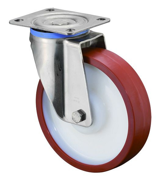 BS rollen RVS zwaarlastrol, breedte 50 mm, Ø200 mm, tot 700 kg, rood polyurethaan loopvlak, kunststof behuizing, RVS rollager, HS100.B28.200