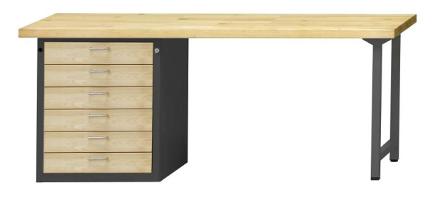 ANKE combinatie werkbank; 2000x700 mm; RAL 7016 / natuurlijk gewaxt beuken; Beuk massieve plaat; Linker onderkast (V-BL) 660x615 mm, 6 laden, model 833 VH