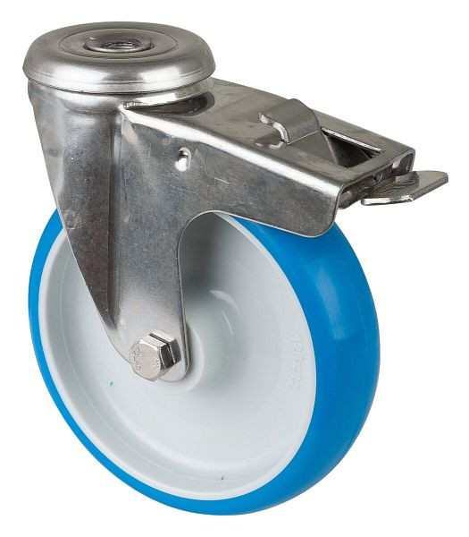 BS rollen RVS transportrol met rem, B39 mm, Ø125 mm, tot 130 kg, blauw polyurethaan oppervlak, kunststof behuizing, glijlager, H121.B32.125