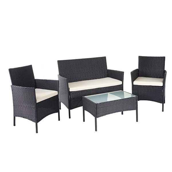 Mendler poly rotan tuinset HWC-D82, loungeset, zwart met kussens creme, 64502