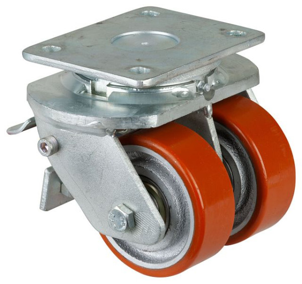 BS-wielen Zwaar dubbel zwenkwiel met wiel/slot, B2x38 mm, Ø100 mm, tot 590 kg, polyurethaan gegoten 95 Shore A, gegoten lichaam, kogellager, S120.C10.100