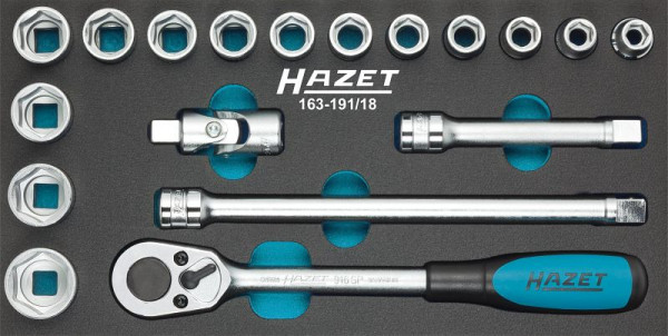 Hazet dopsleutelset, hol vierkant 12,5 mm (1/2 inch), buitenzeskant trekprofiel, 163-191/18