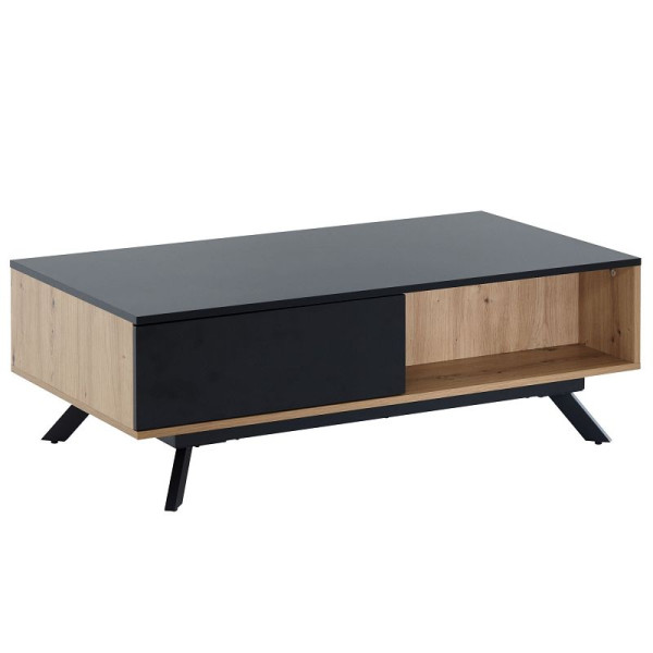 Wohnling salontafel 110 x 60 x 38 cm MDF eiken decor / zwarte woonkamertafel, rechthoekige salontafel met opbergruimte, salontafel met laden, WL6.659