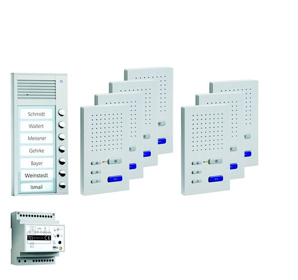 TCS deurbediening audio: pack AP voor 7 woonunits, met buitenstation PAK 7 belknoppen, 7x handsfree luidspreker ISW3030, bedieningsunit BVS20, PPAF07-EN / 02