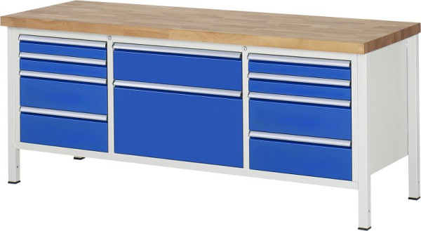 RAU werkbank serie 8000 - frameconstructie (gelast frame), drievoudige onderbak (10x lade), 2000x840x700 mm, 03-8755A2-207B4S.11