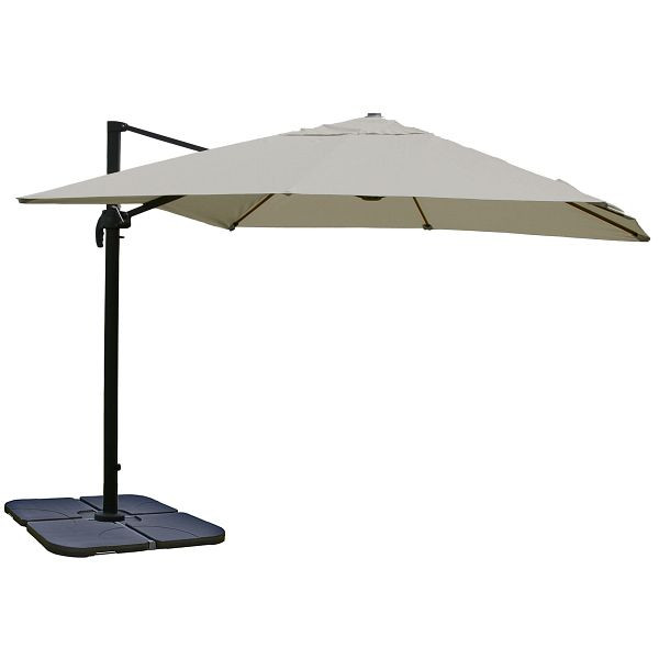 Mendler horeca verkeerslichtparaplu HWC-A96, 3x3m (Ø4,24m) polyester aluminium/staal 23kg, cremegrijs met standaard, draaibaar, 76865+70477+122472