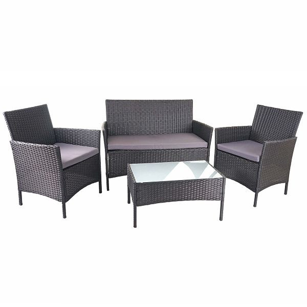 Mendler poly rattan tuinset HWC-D82, loungeset, zwart met kussens antraciet, 64504