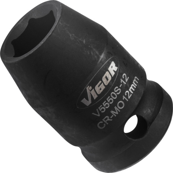 VIGOR slagmoersleuteldop, kort, hol vierkant 12,5 mm (1/2 inch), buitenzeskantprofiel, 12 mm, V5550S-12