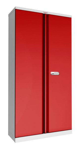 Phoenix SCL-serie stalen opbergkast met 2 deuren en 4 planken, grijze behuizing en rode deuren met elektronisch slot, SCL1891GRE