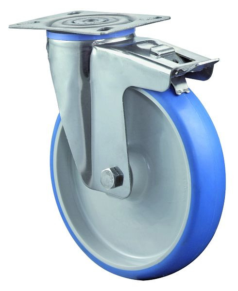 BS rollen RVS transportrol met rem, B50 mm, Ø200 mm, tot 200 kg, blauw polyurethaan, kunststof behuizing, glijlager, plaat, H120.B32.200