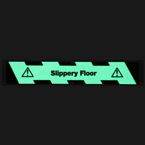 Meelbroek antislipplaat aluminium met m2 antislipcoating, lichtgevend zwart/groen "Slippery Floor"114x635mm, APM1X1EF1