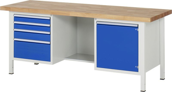 RAU werkbank serie 8000 - frameconstructie (gelast frame), drievoudige onderbak (4x lade, 1x draaideur), 2000x840x700 mm, 03-8553A2-207B4S.11