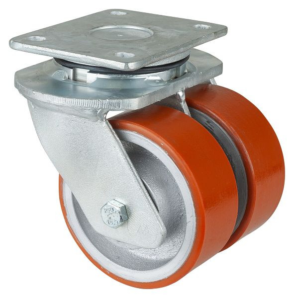 BS-wielen Dubbel zwaarlastwiel, breedte 2x50 mm, Ø125 mm, tot 1100 kg, loopvlak polyurethaan gegoten 95 Shore A, gietijzer, kogellagers, S100.C10.125