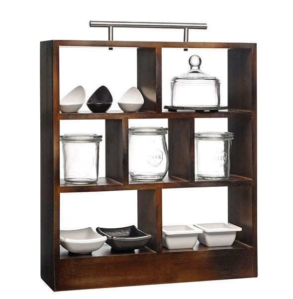 APS High Tea Rack, 34 x 10 cm, hoogte: 38 cm, hout, donkerbruin, roestvrijstalen handgreep, 4 grote vakken 15x10x10 cm, 33210