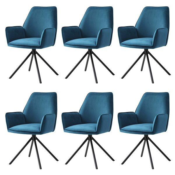 Mendler HWC-G67 set van 6 eetkamerstoelen, armleuningen keukenstoel, draaibare automatische positie, fluweel, turkooisblauw, zwarte poten, 6x75731