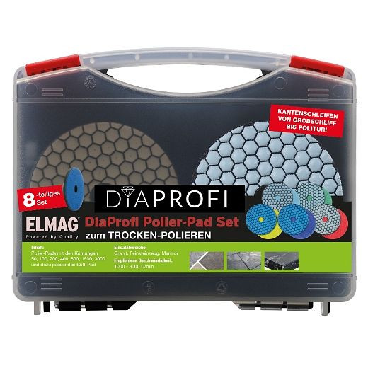 ELMAG DiaProfi polijstpad - SET Ø100mm, korrelgrootte 50/100/200/400/800/1500/3000 incl. vasthoudplaat in koffer, 62310