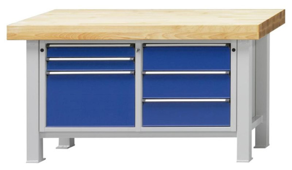 ANKE zware werkbank; 1500x800 mm; RAL 7035/5010; Beuk massieve plaat; Links 3 laden 90, 90, 360 mm; Rechts 3 laden 180 mm