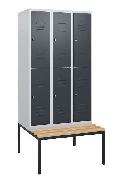 C+P dubbeldekskast Classic PLUS, 3 compartimenten, 1950x900x815mm, 7035/7016, cilindersloten, beukenhouten zitlat, bank, 0803505-30 S10038