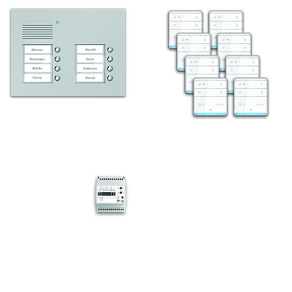 TCS deurbedieningssysteem audio: pack UP voor 8 wooneenheden, met buitenstation PUK 8 belknoppen 2-koloms, 8x handsfree luidspreker ISW5010, bediening, PPUF08 / 2-EN / 01