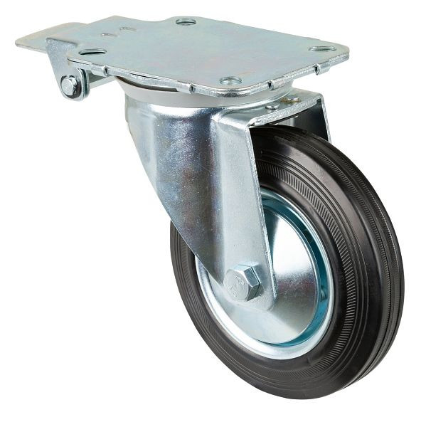 BS Castors Zwenkwiel met centrale rem, zwart rubberen wiel, stalen velg, rollager, plaat, diameter: 200 mm, L440.B55.201