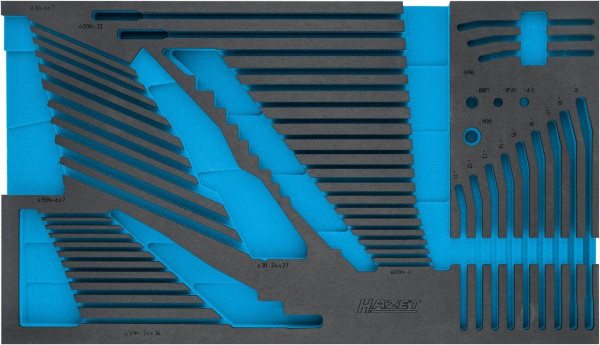 Hazet 2-componenten zachtschuim inleg, voor 163-528/56 Afmetingen / lengte: 691 mm x 392 mm Organisatiesysteem maat: 4/3+ (691 x 392 mm), 163-528L