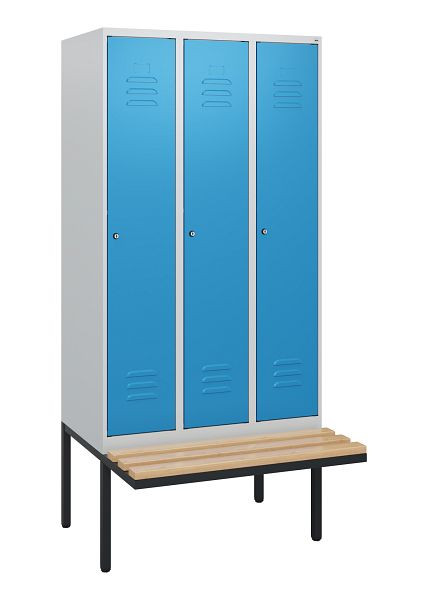 C+P Umkleidespind Classic PLUS, 3 Abteile, 1950x900x815mm, 7035/5012, Zylinderschlösser, Buche-Sitzleisten, 0800405-30 S10019