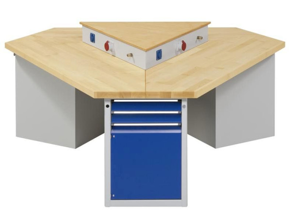ANKE driehoekige groepswerkbank; 3 werkplekken; 2370x2052 mm; RAL 7035/5010; Massief beuken blad 50 mm; Randlengte 1660 mm, model 302 VG