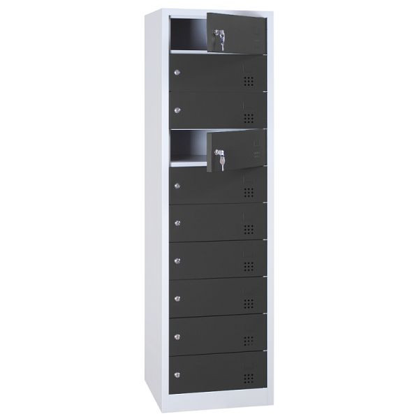 Lüllmann laptopkast, geëlektrificeerd, 10 vakken, 1800 x 500 x 500 mm, lichtgrijs/antraciet, 526448